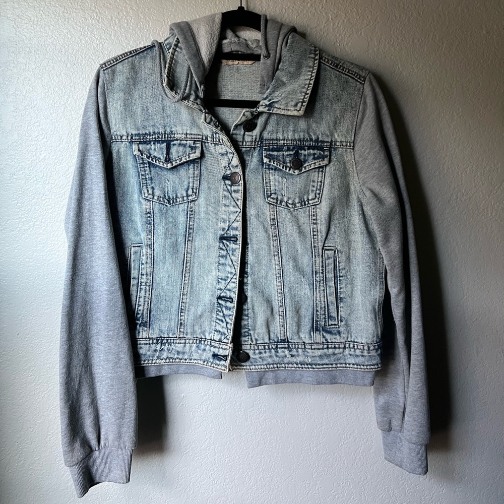 Denim Jacket w/ Gray Sweatshirt Sleeves